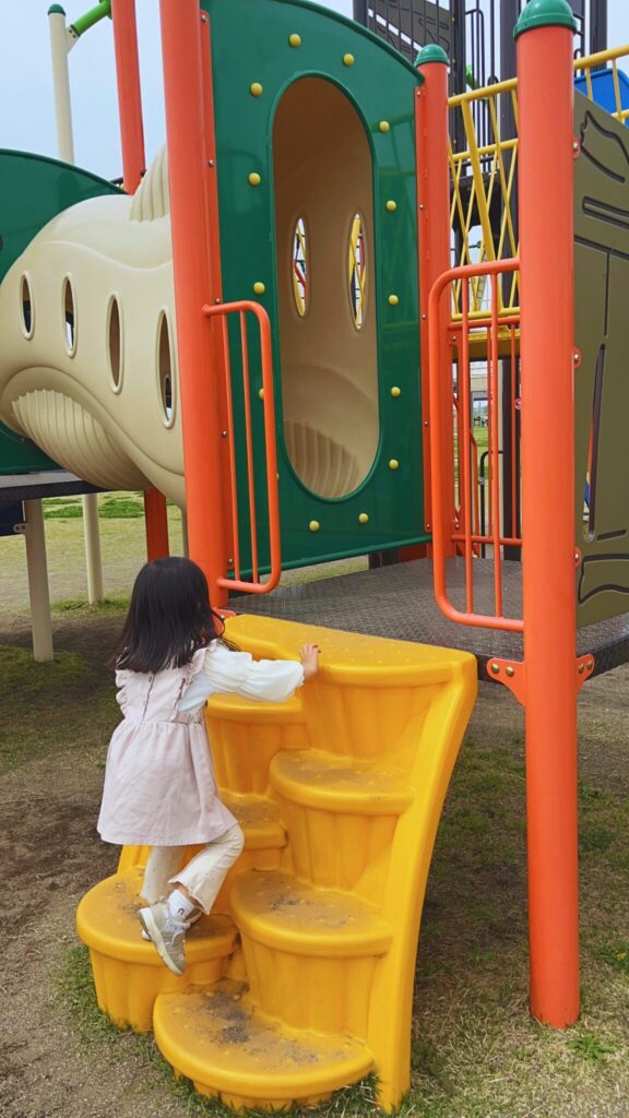 大間近隣公園(大間見晴らしの丘)の小学生向けの大型複合遊具の階段を上がる子ども