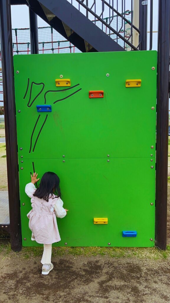 大間近隣公園(大間見晴らしの丘)の小学生向けの大型複合遊具のボルダリング遊具