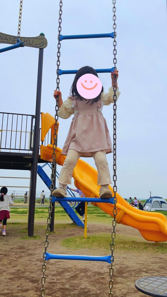 大間近隣公園(大間見晴らしの丘)の小学生向けの大型複合遊具のチェーン付きのはしご登りをする子ども