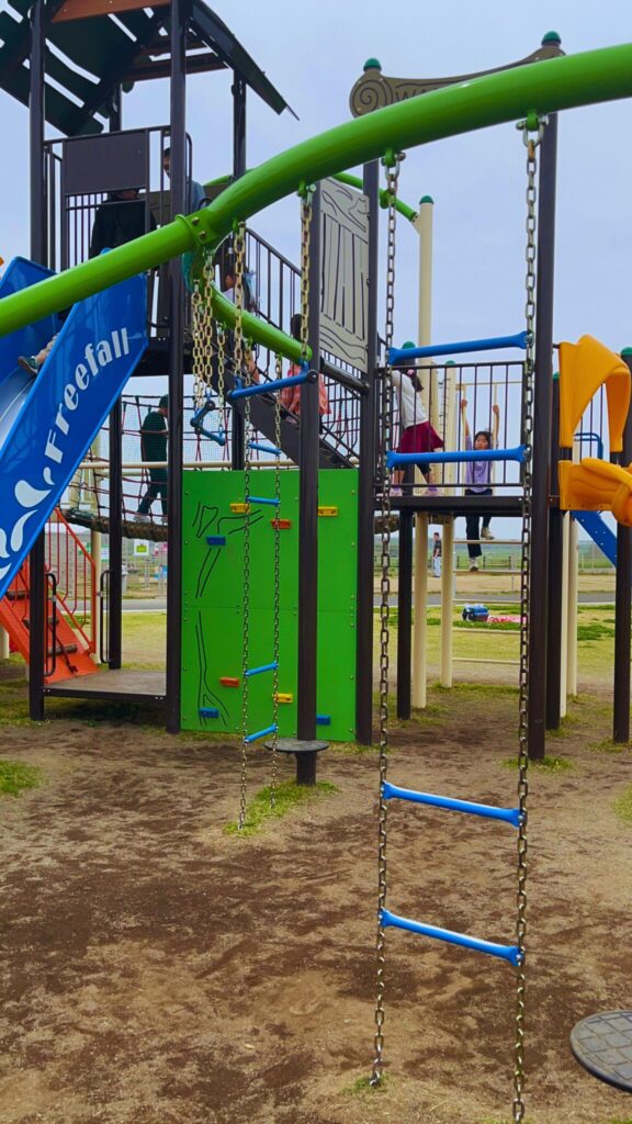大間近隣公園(大間見晴らしの丘)の小学生向けの大型複合遊具のチェーン付きのぶら下がり遊具