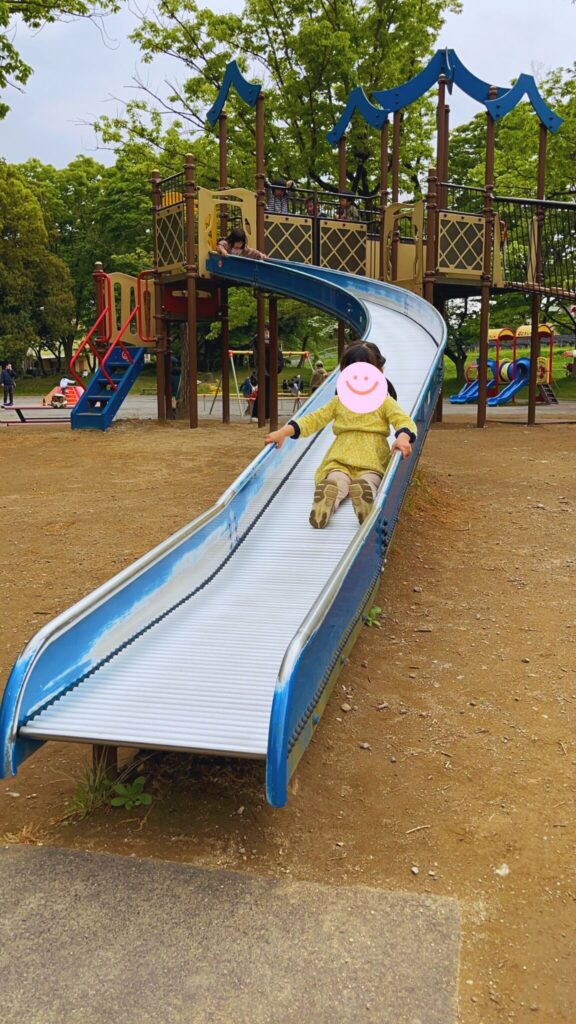 岩槻城址公園のわんぱく広場内にある小学生向け複合遊具のローラーすべり台
