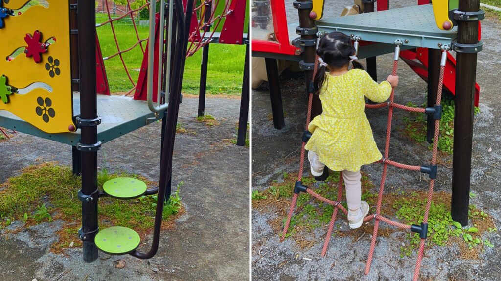 岩槻城址公園のわんぱく広場内にある幼児向け複合遊具の丸い緑色のステップとネットを登る子ども