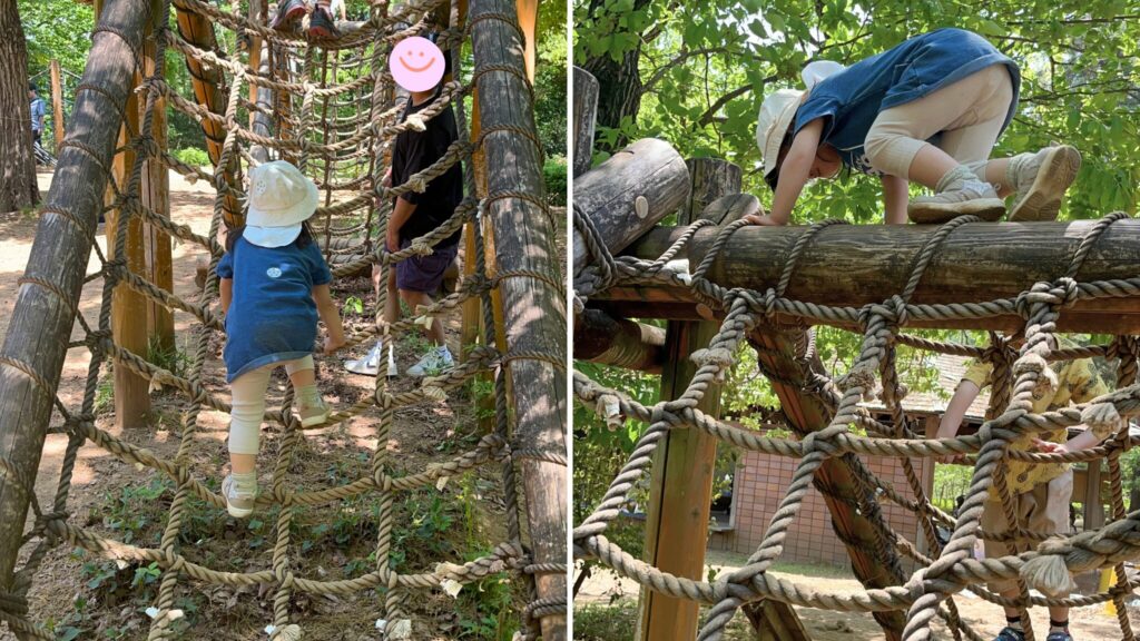 埼玉県子ども動物自然公園の冒険の森アスレチック「ジグザグネット」で遊ぶ子供