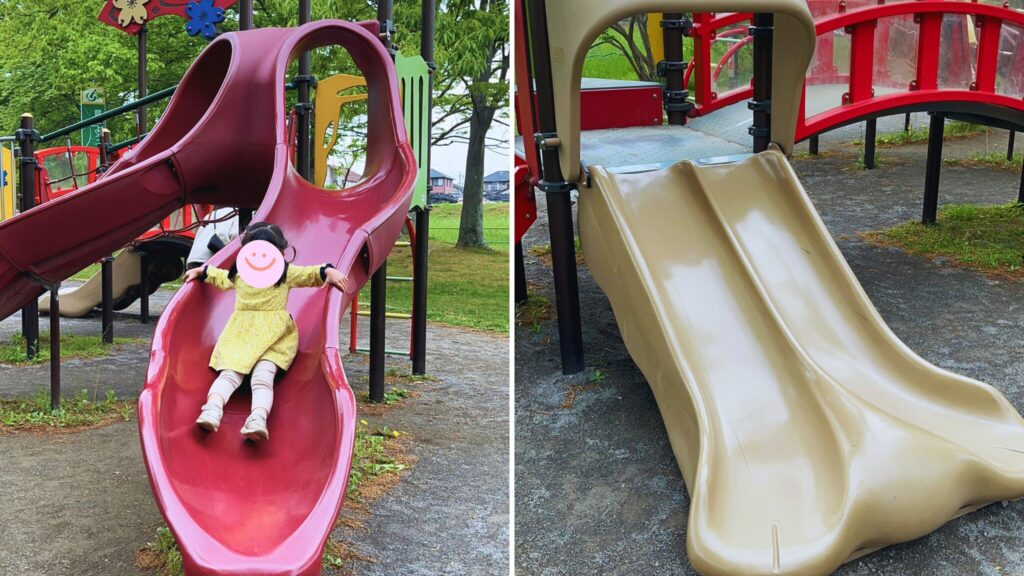 岩槻城址公園のわんぱく広場内にある幼児向け複合遊具のすべり台で遊ぶ子供