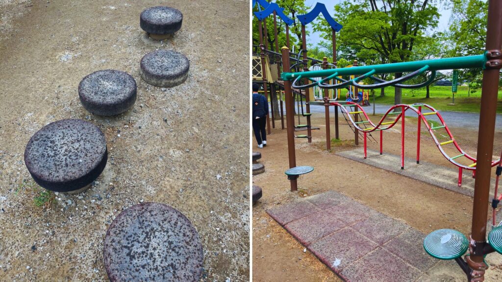 岩槻城址公園のわんぱく広場内にある小学生向け複合遊具の飛び石遊具と雲梯