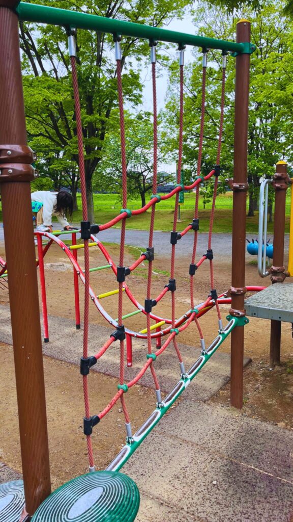 岩槻城址公園のわんぱく広場内にある小学生向け複合遊具のウォール形状のネット遊具